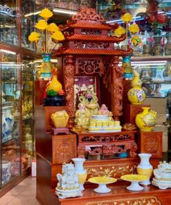 Bộ Ban Thờ Thần Tài Gỗ Xoan Màu Hương Kết Hợp Sứ Vân Đá Vàng