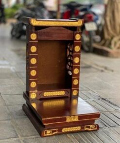Bàn Thờ Thần Tài Hiện Đại Gỗ Sồi Mái Bằng Cột Đồng Tiền Dát Vàng