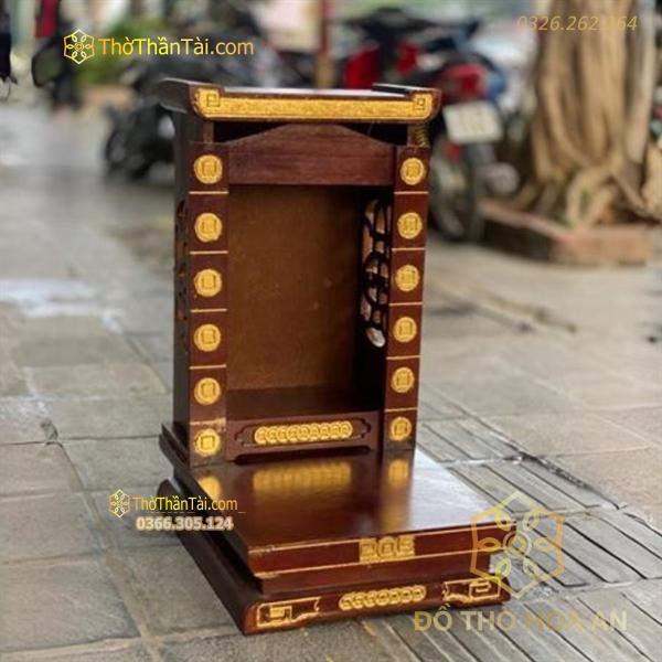 Bàn Thờ Thần Tài Hiện Đại Gỗ Sồi Mái Bằng Cột Đồng Tiền Dát Vàng