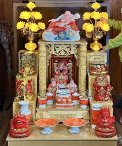 Bộ Ban Thờ Thần Tài Gỗ Xoan Mái Bằng Cột Rồng Màu Vàng Sứ Vân Đá Đỏ-BTTTDVDD1