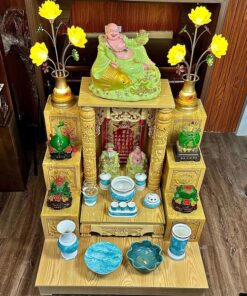 Bộ Ban Thờ Thần Tài Gỗ Xoan Mái Bằng Cột Rồng Vân Đá Xanh