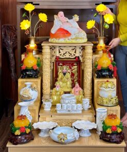Bộ Ban Thờ Thần Tài Gỗ Xoan Mái Bằng Cột Rồng Sứ Liên Hoa Trắng02