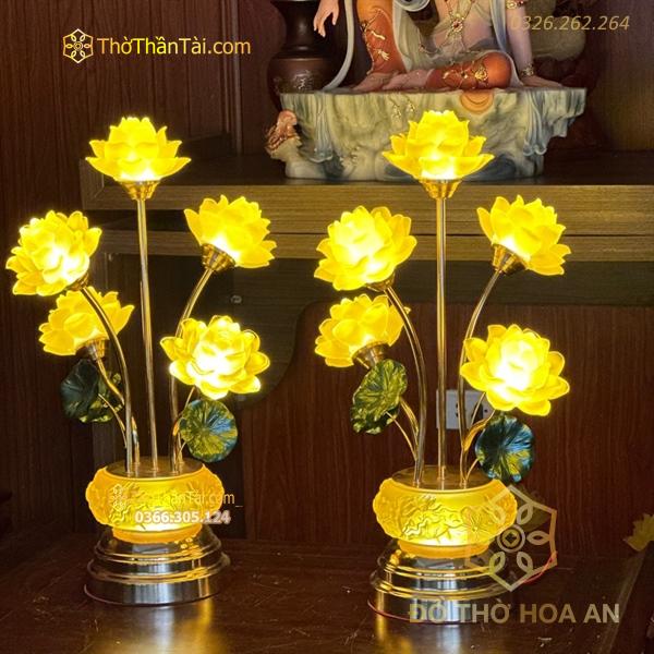 Đèn Thờ Hoa Sen 5 Bông Lưu Ly Thân Lưu Ly Bát Sen