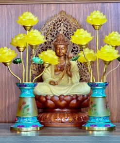 Đèn Thờ Hoa Sen 5 Bông Lưu Ly Gấm Xanh