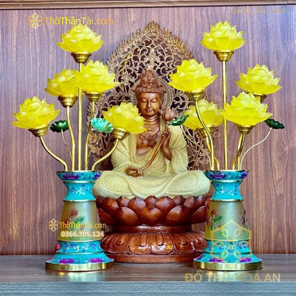 Đèn Thờ Hoa Sen 5 Bông Lưu Ly Gấm Xanh