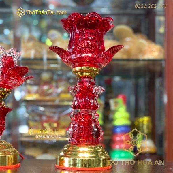 Đèn Thờ Hoa Sen 1 Bông Thân Thủy Tinh Đỏ