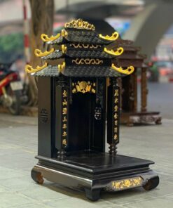 Bàn Thờ Thần Tài Gỗ Hương Dát Vàng 3 Mái Chùa Màu Đen