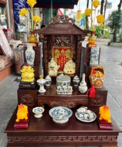 Bộ Ban Thờ Thần Tài Gỗ Xoan Đào Một Mái Chùa Màu Nâu Sứ Men Rạn Vẽ