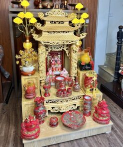 Bộ Ban Thờ Thần Tài Thổ Địa Gỗ Pơmu 3 Mái Chùa Cột Rồng Sứ Men Đỏ Vẽ Vàng