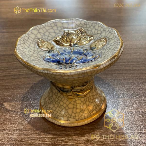 Chân Nến Hoa Sen Men Rạn Vẽ Vàng 24K