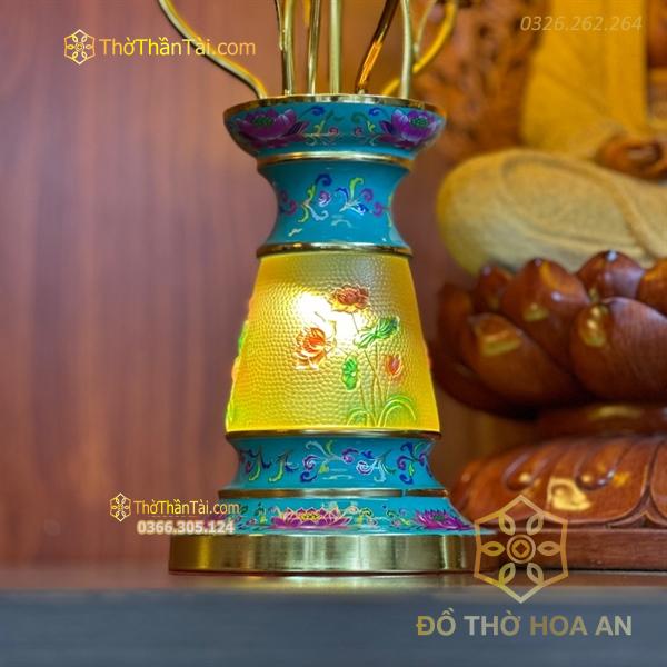 Đèn Thờ Hoa Sen 7 Bông Lưu Ly Gấm Xanh