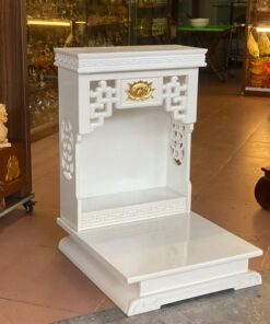 Bàn Thờ Thần Tài Hiện Đại Gỗ Sồi Triện Sen Dát Vàng Màu Trắng