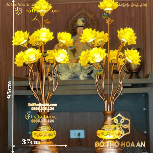 Đèn Thờ Hoa Sen 9 Bông Lưu Ly Thân Ngọc Vàng