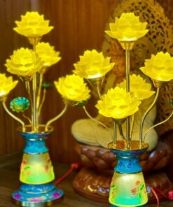 Đèn Thờ Hoa Sen 5 Bông Lưu Ly Gấm Xanh