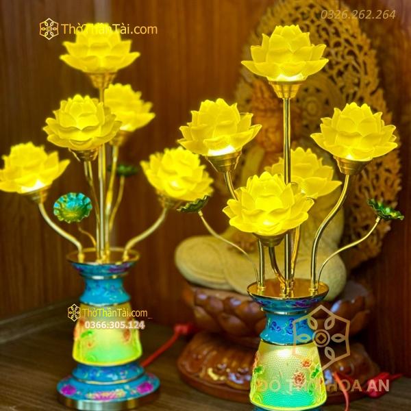 Đèn Thờ Hoa Sen 5 Bông Lưu Ly Gấm Xanh