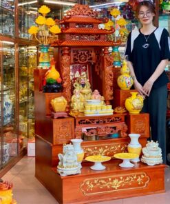 Bộ Ban Thờ Thần Tài Gỗ Xoan Màu Hương Kết Hợp Sứ Vân Đá Vàng