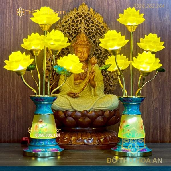 Đèn Thờ Hoa Sen 5 Bông Lưu Ly Gấm Xanh