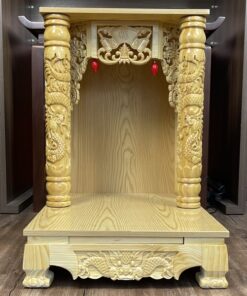 Bàn Thờ Thần Tài Gỗ Xoan Mái Bằng Cột Rồng Màu Vàng