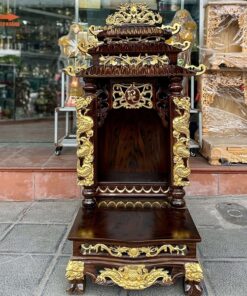 Ban Thờ Thần Tài 3 Mái Gỗ Xoan Cột Rồng Dát Vàng Màu Óc Chó