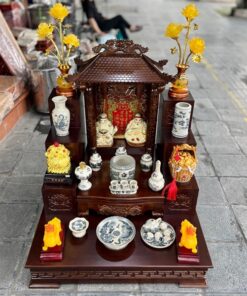 Bộ Ban Thờ Thần Tài Gỗ Xoan Đào Một Mái Chùa Màu Nâu Sứ Men Rạn Vẽ