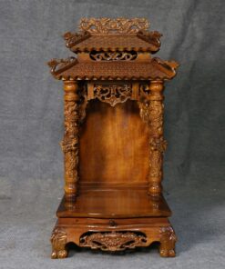 Bàn Thờ Thần Tài Cột Rồng Gỗ Gụ 2 Mái Chùa Mái Màu Nâu