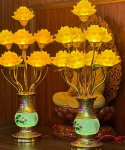Đèn Thờ Hoa Sen 9 Bông Lưu Ly Thân Ngọc Gấm