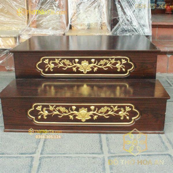 Kệ Kê Nhị Cấp/ 2 Cấp Ban Thờ Gỗ Xoan Vân Màu Óc Chó Dát Vàng