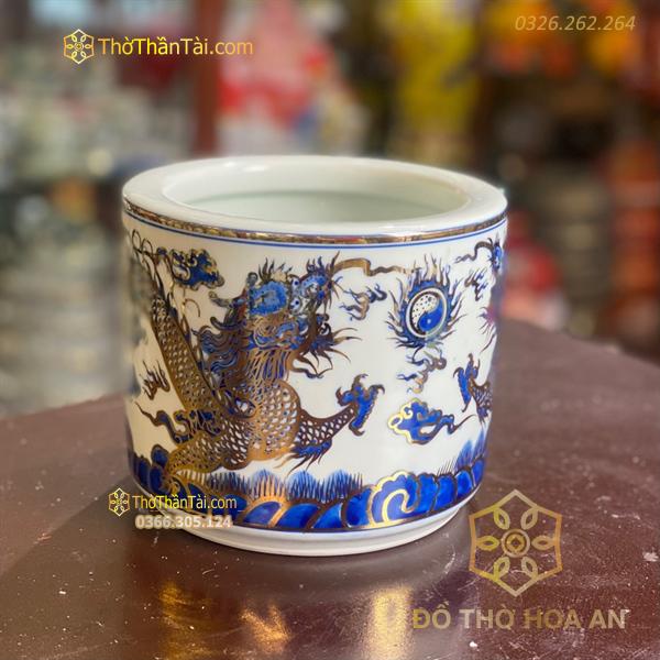 Bát Hương Men Lam Vẽ Vàng 24K
