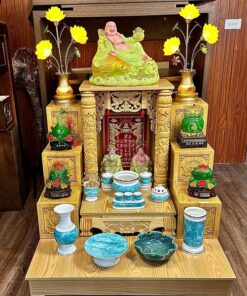 Bộ Ban Thờ Thần Tài Gỗ Xoan Mái Bằng Cột Rồng Vân Đá Xanh