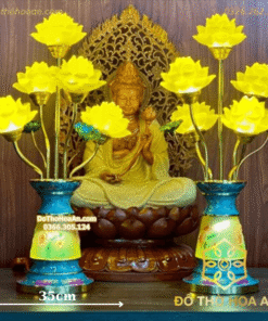 Đèn Thờ Hoa Sen 5 Bông Lưu Ly Gấm Xanh