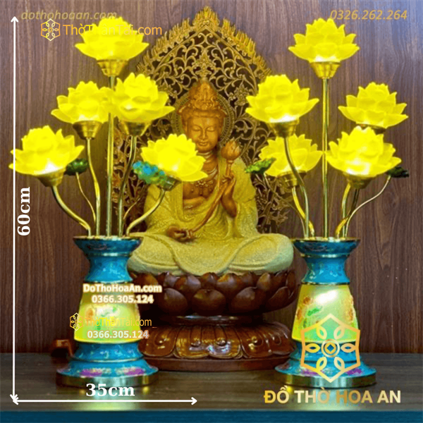 Đèn Thờ Hoa Sen 5 Bông Lưu Ly Gấm Xanh