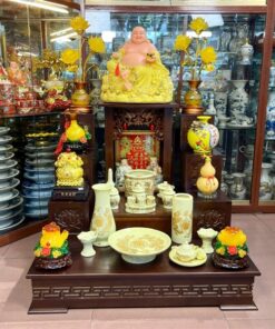 Bộ Đồ Thờ Thần Tài Gỗ Công Nghiệp Sứ Men Vàng Ngà
