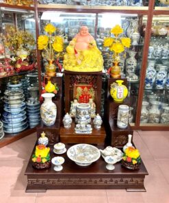 Bộ Ban Thờ Thần Tài Thổ Địa Gỗ Công Nghiệp Sứ Men Rạn Đắp Nổi