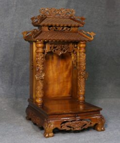 Bàn Thờ Thần Tài Cột Rồng Gỗ Gụ 2 Mái Chùa Mái Màu Nâu