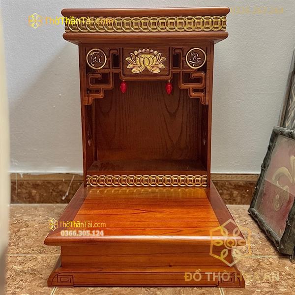 Bàn Thờ Thần Tài Hiện Đại Gỗ Sồi Triện Sen Dát Vàng Màu Hương