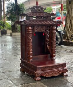 Ban Thờ Thần Tài Gỗ Xoan Đào Cột Rồng 2 Mái Chùa Màu Nâu