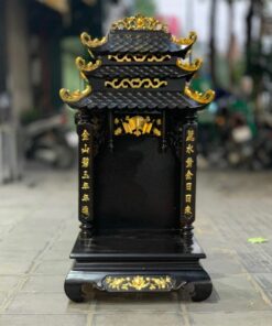 Bàn Thờ Thần Tài Gỗ Hương Dát Vàng 3 Mái Chùa Màu Đen