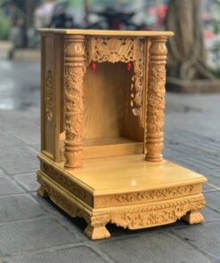Bàn Thờ Thần Tài Gỗ Xoan Mái Bằng Cột Rồng Màu Óc Chó