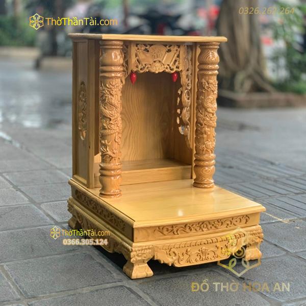 Bàn Thờ Thần Tài Gỗ Xoan Mái Bằng Cột Rồng Màu Óc Chó
