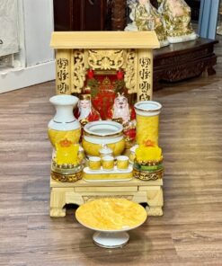 Bộ Ban Thờ Thần Tài Gỗ Xoan Mái Bằng Sứ Vân Đá Vàng