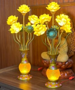 Đèn Thờ Hoa Sen 5 Bông Lưu Ly Đào Vàng