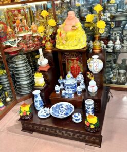 Bộ Đồ Thờ Thần Tài Gỗ Công Nghiệp Sứ Men Lam