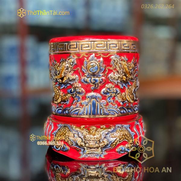 Bát Hương Men Đỏ Vẽ Vàng 24K