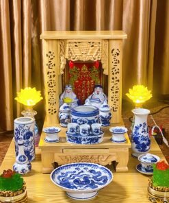 Bộ Bàn Thờ Thần Tài Gỗ Xoan Sứ Men Lam Bát Tràng