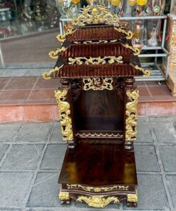 Ban Thờ Thần Tài 3 Mái Gỗ Xoan Cột Rồng Dát Vàng Màu Óc Chó