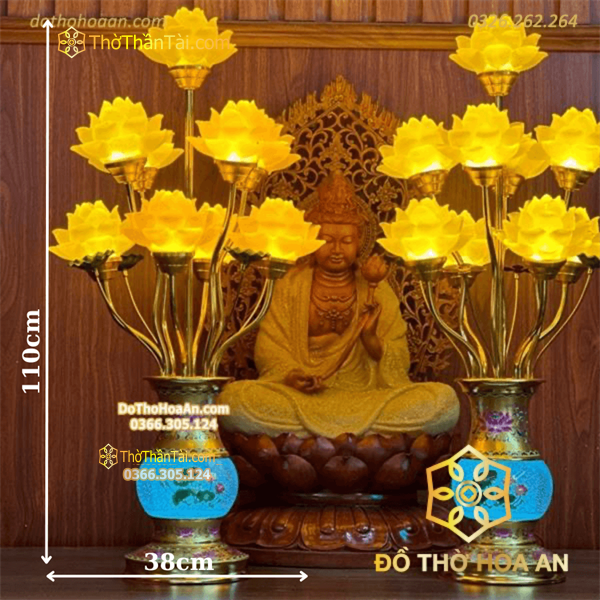 Đèn Thờ Hoa Sen 9 Bông Lưu Ly Thân Ngọc Gấm