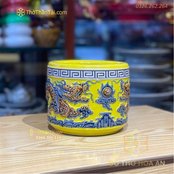 Bát Hương Men Vàng Hoàng Kim Đắp Nổi