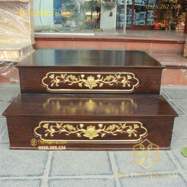 Kệ Kê Nhị Cấp/ 2 Cấp Ban Thờ Gỗ Xoan Vân Màu Óc Chó Dát Vàng