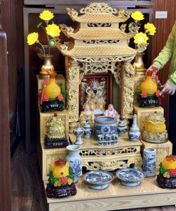 Bộ Ban Thờ Thần Tài Thổ Địa Gỗ Pơmu 3 Mái Sứ Rạn Vẽ