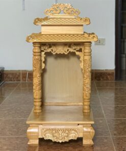 Bàn Thờ Thần Tài Gỗ Xoan 2 Mái Chùa Màu Vàng